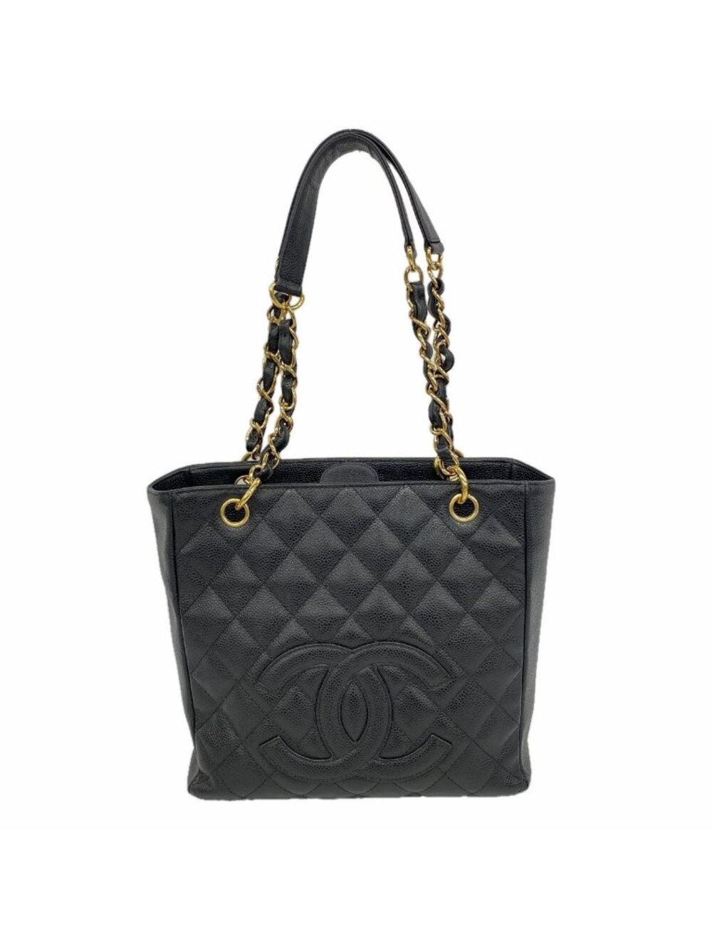 Chanel Chain Tote Bag Quilted Caviar Leather Black Gold